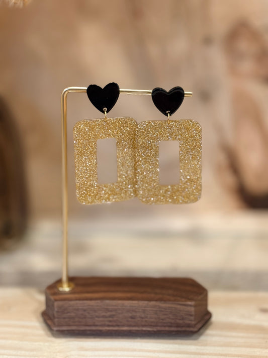 Boucles d’oreilles Linea géométriques en résine dorée pailletée, bijou artisanal fait main